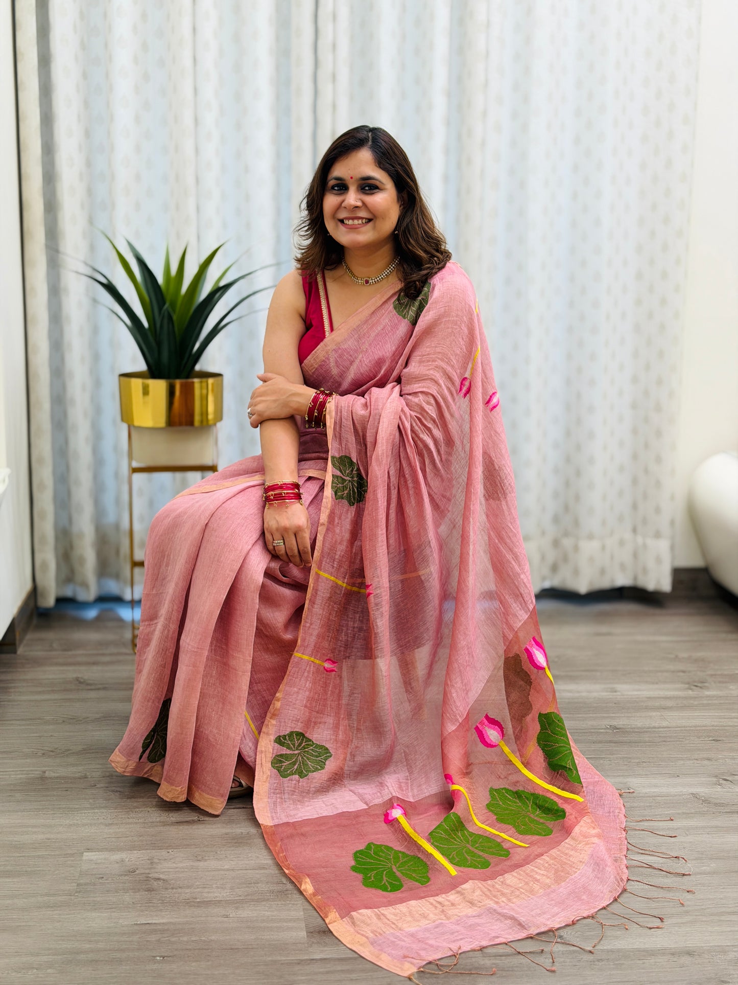 Onion Pink Linen-Silk Jamdani Saree
