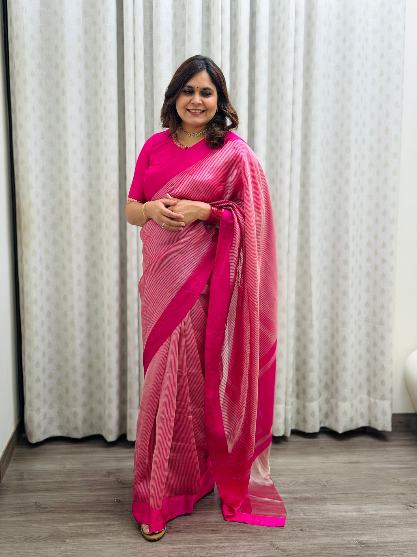 Pink Striped Tissue Silk Saree