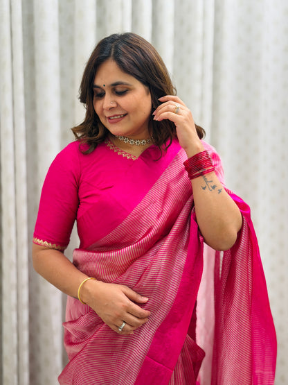 Pink Striped Tissue Silk Saree
