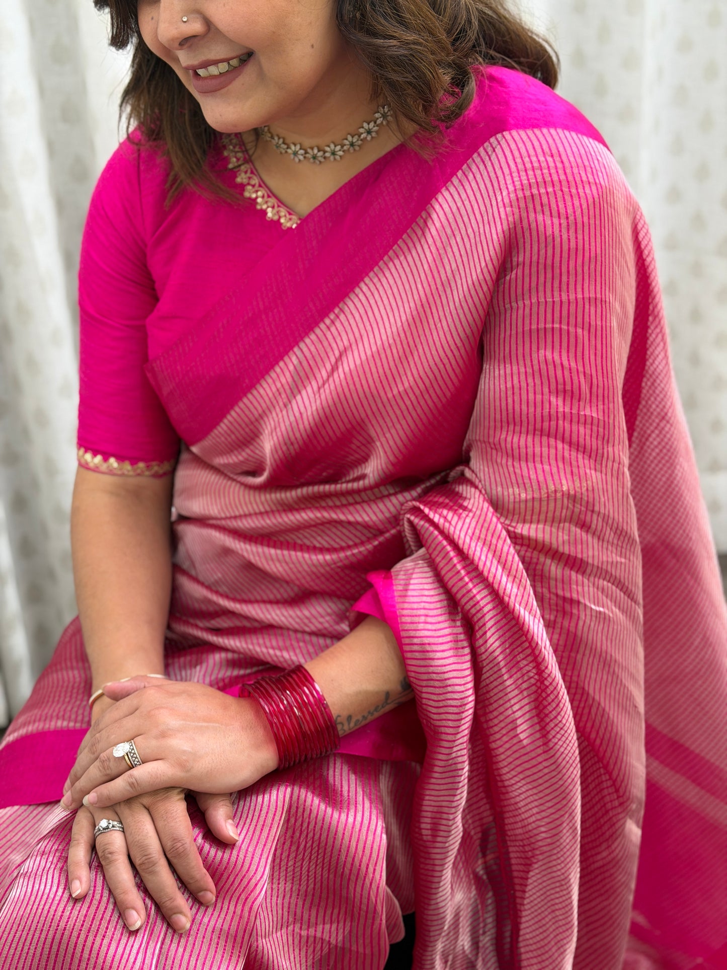 Pink Striped Tissue Silk Saree