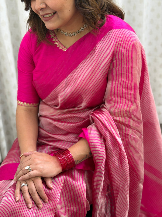 Pink Striped Tissue Silk Saree
