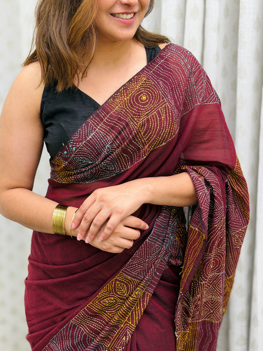 Wine Mul Kantha Saree