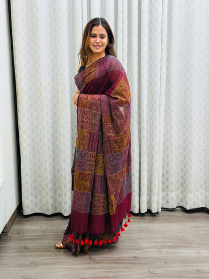 Wine Mul Kantha Saree