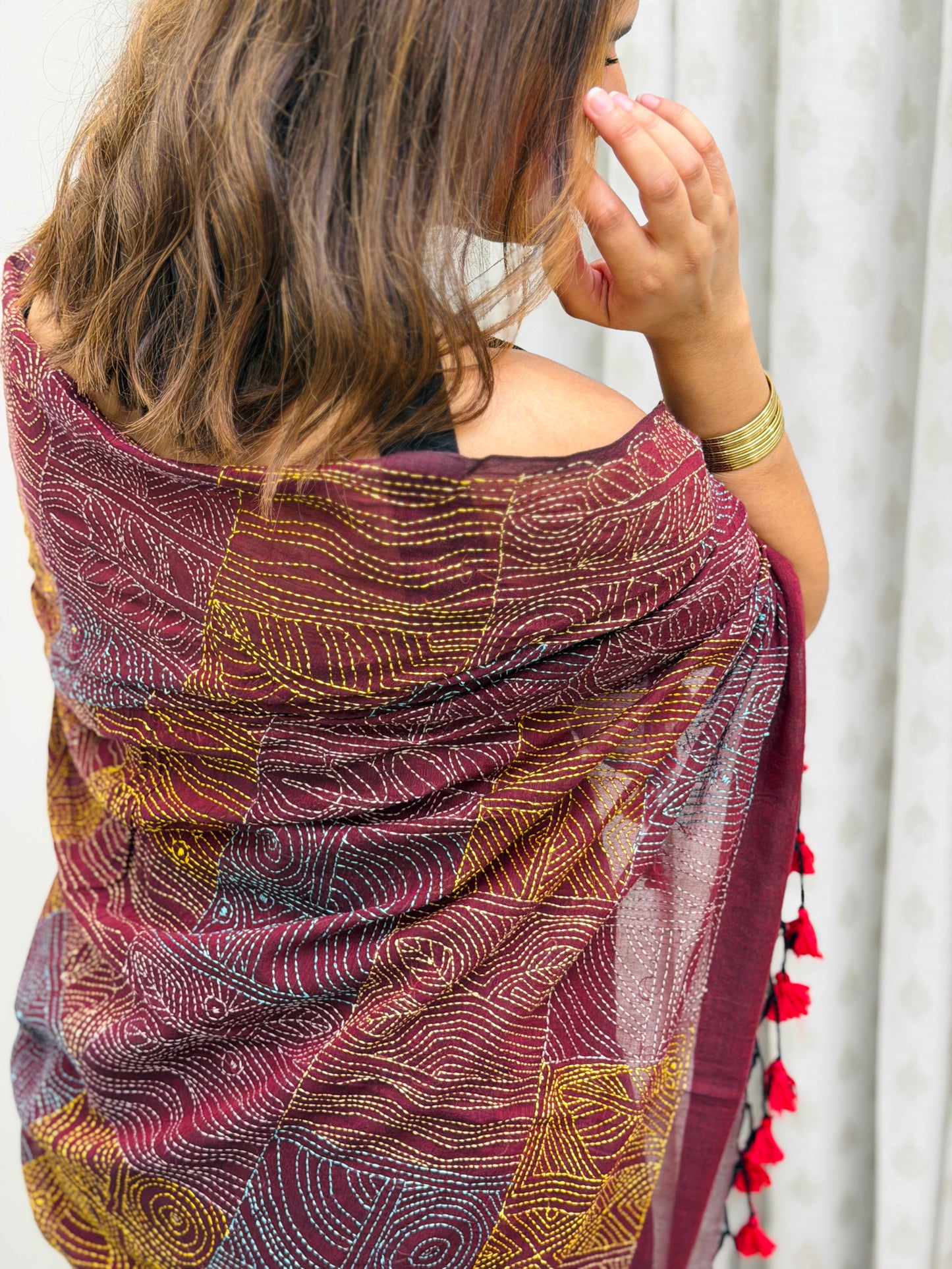 Wine Mul Kantha Saree