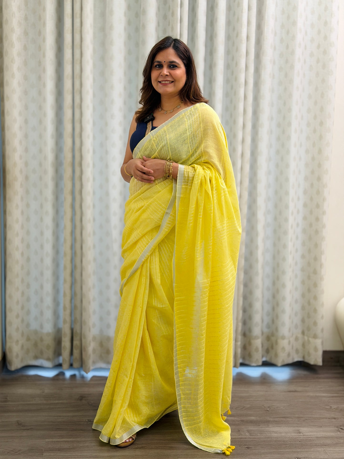 Lemon Yellow Linen Saree