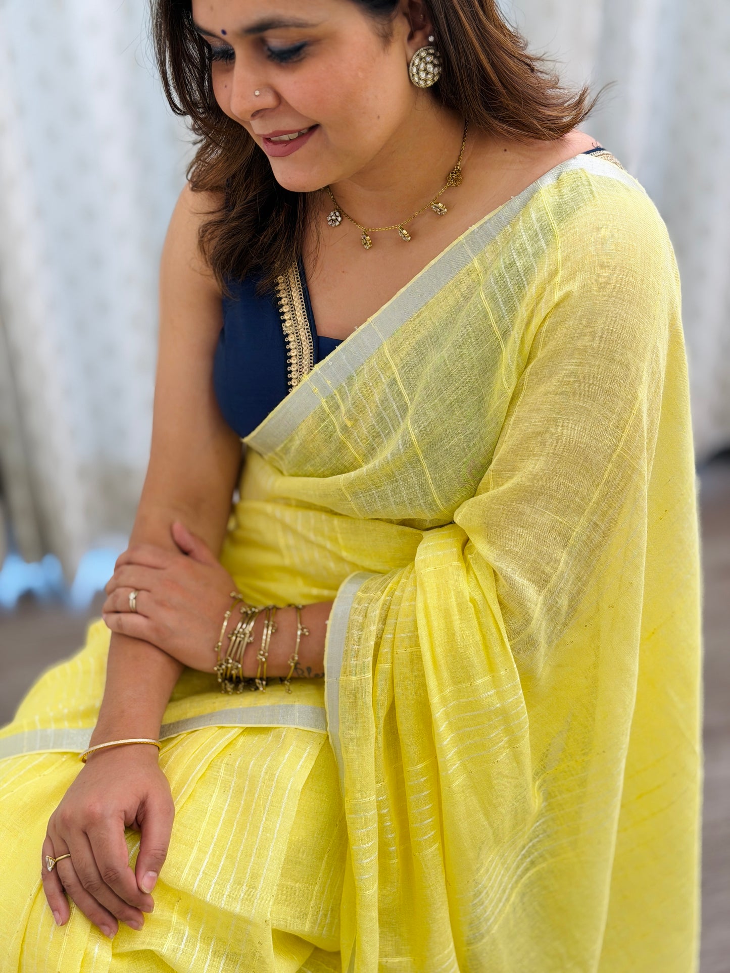 Lemon Yellow Linen Saree