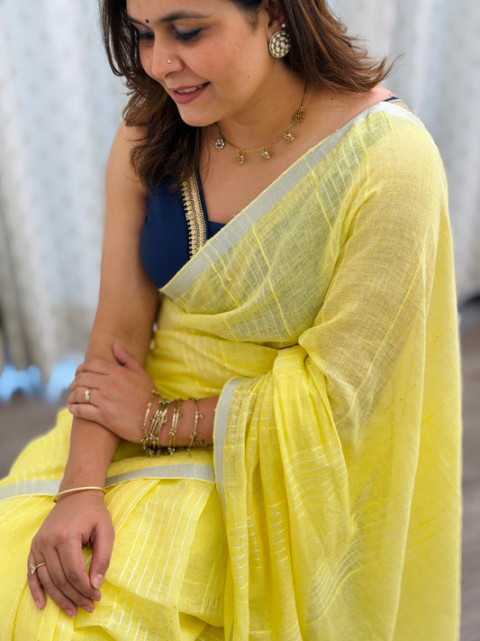 Lemon Yellow Linen Saree