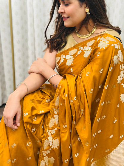 Ochre Yellow Banarasi Mashru Silk Saree