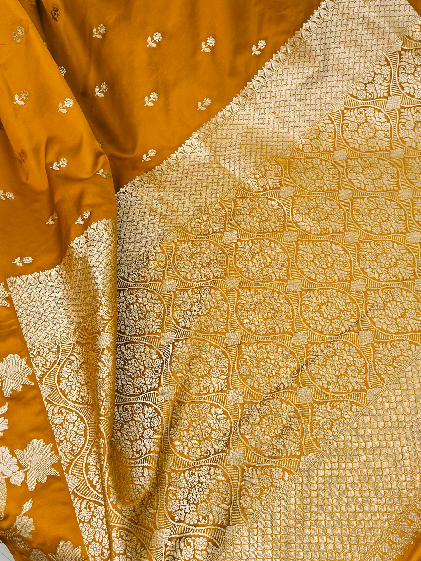 Ochre Yellow Banarasi Mashru Silk Saree
