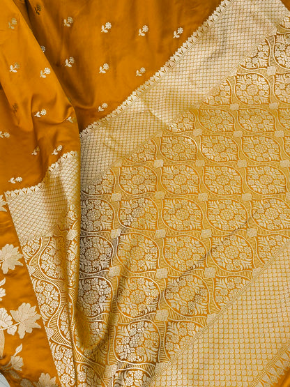 Ochre Yellow Banarasi Mashru Silk Saree