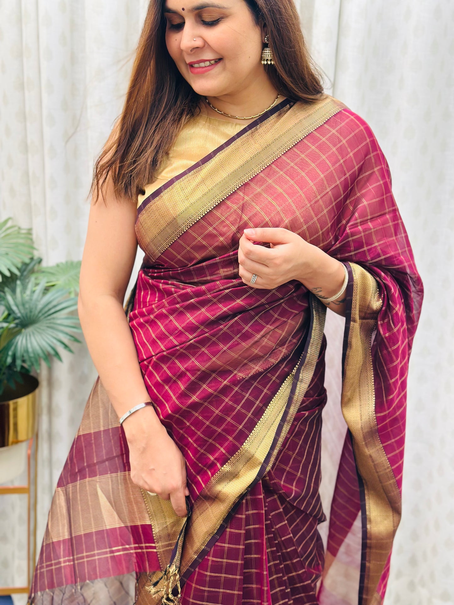 Burgundy Maheshwari Saree