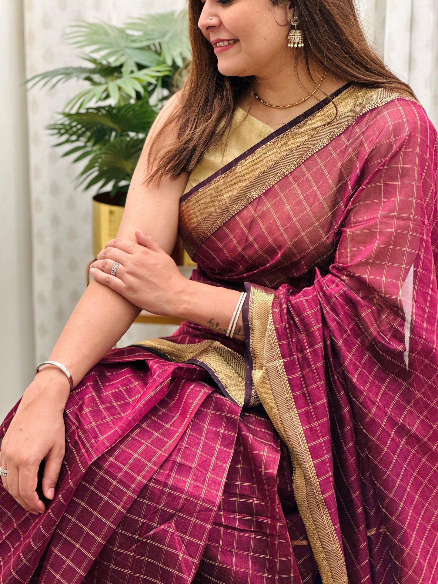Burgundy Maheshwari Saree