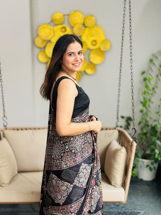 Black Ajrakh Modal Silk Saree