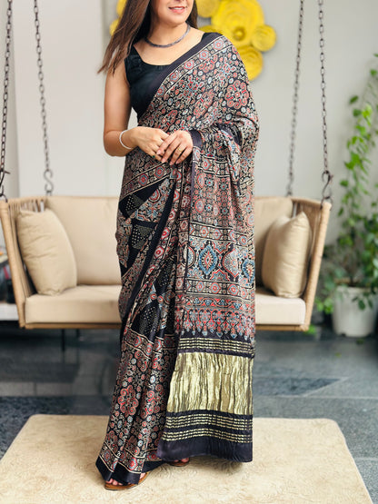 Black Ajrakh Modal Silk Saree