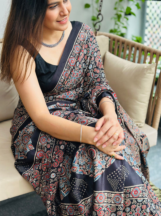 Black Ajrakh Modal Silk Saree
