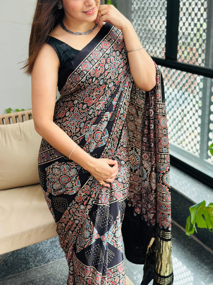 Black Ajrakh Modal Silk Saree