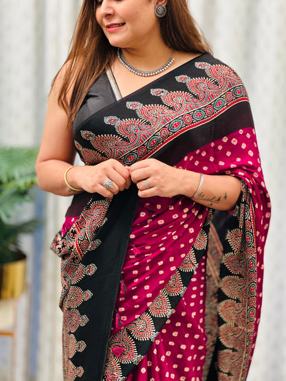 Ajrakh Bandhani Modal Silk Saree