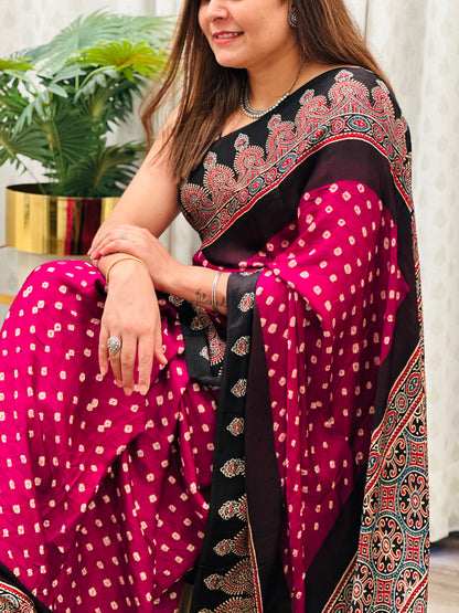 Ajrakh Bandhani Modal Silk Saree