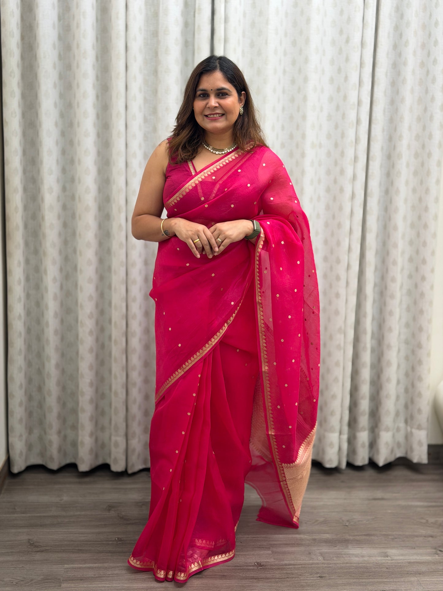 Hot Pink Pure Kora Silk Saree