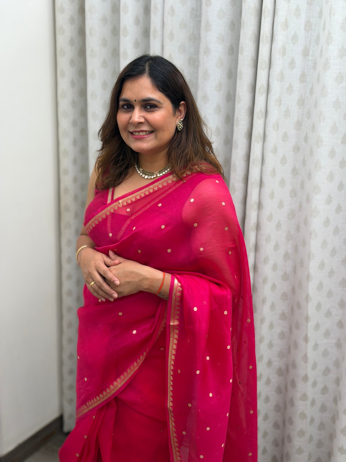 Hot Pink Pure Kora Silk Saree