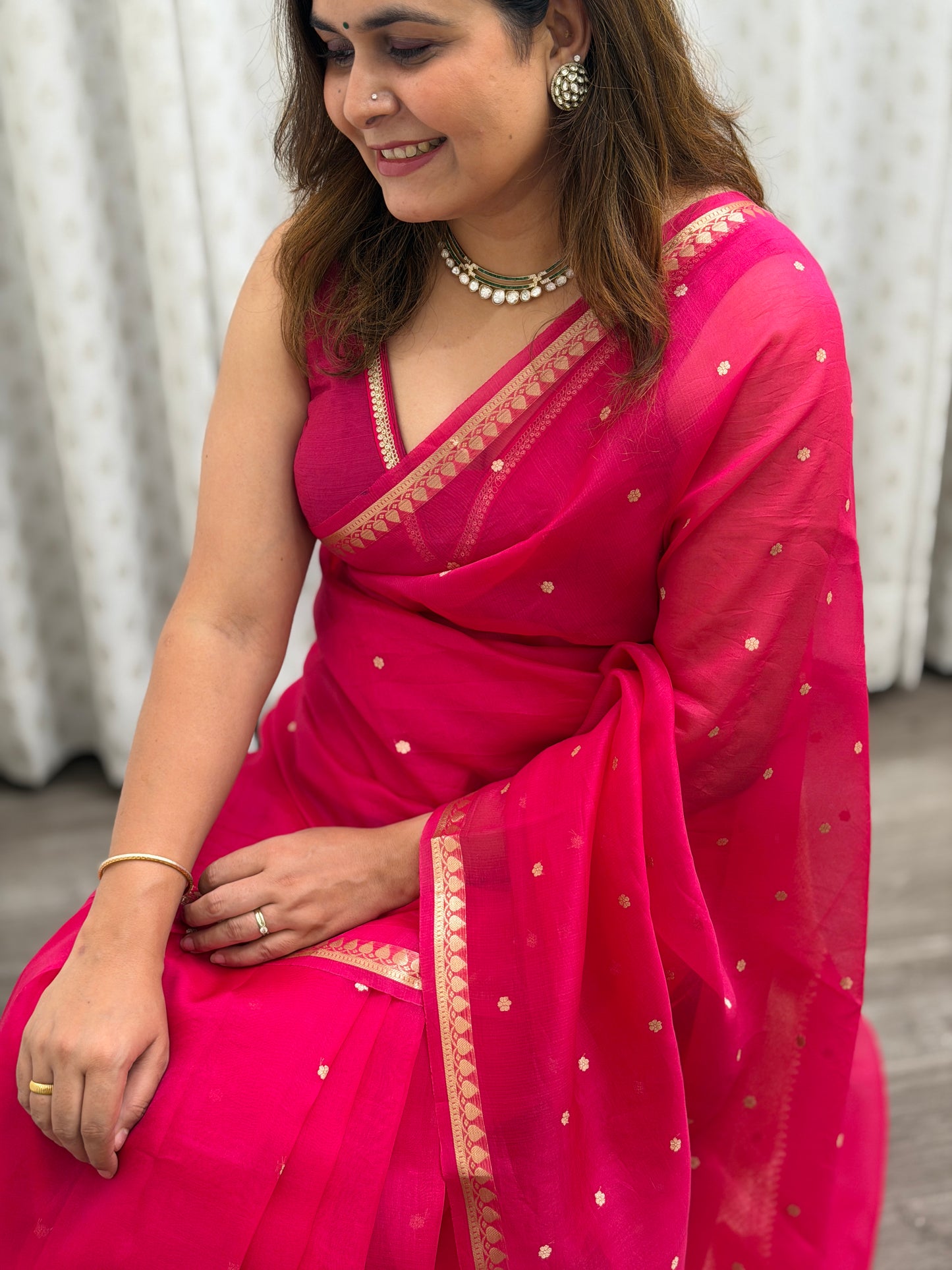 Hot Pink Pure Kora Silk Saree