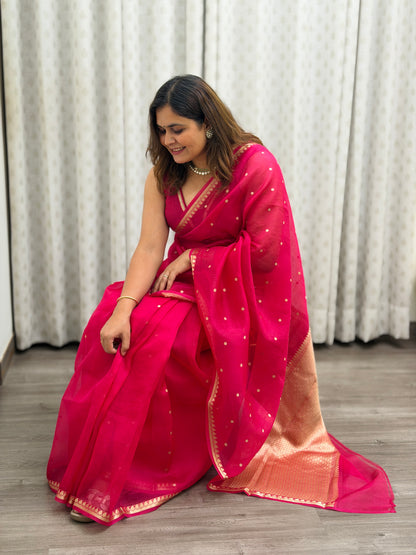 Hot Pink Pure Kora Silk Saree