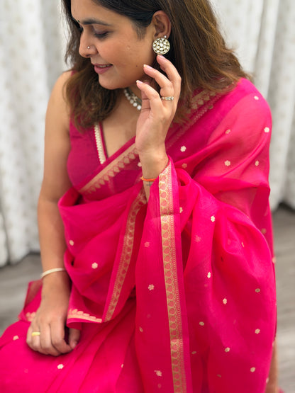 Hot Pink Pure Kora Silk Saree