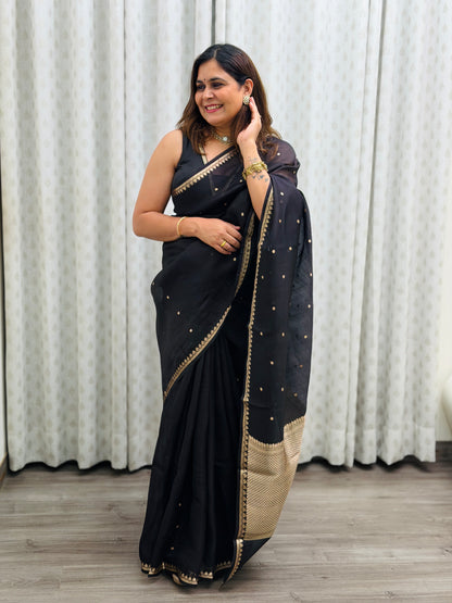 Black Pure Kora Silk Saree