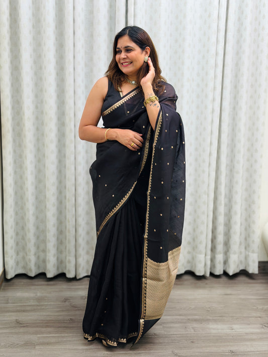 Black Pure Kora Silk Saree