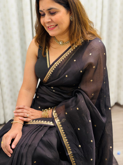 Black Pure Kora Silk Saree