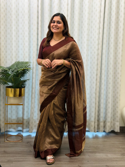 Brown Striped Tissue Silk Saree