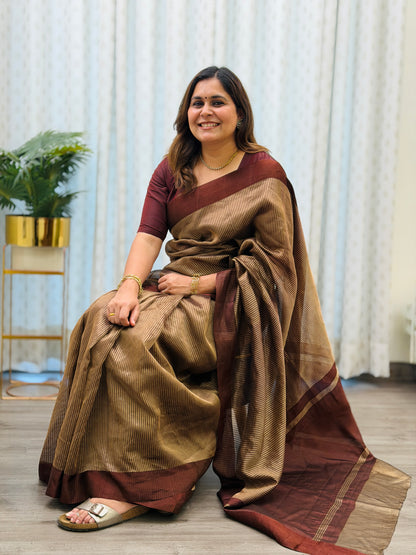 Brown Striped Tissue Silk Saree