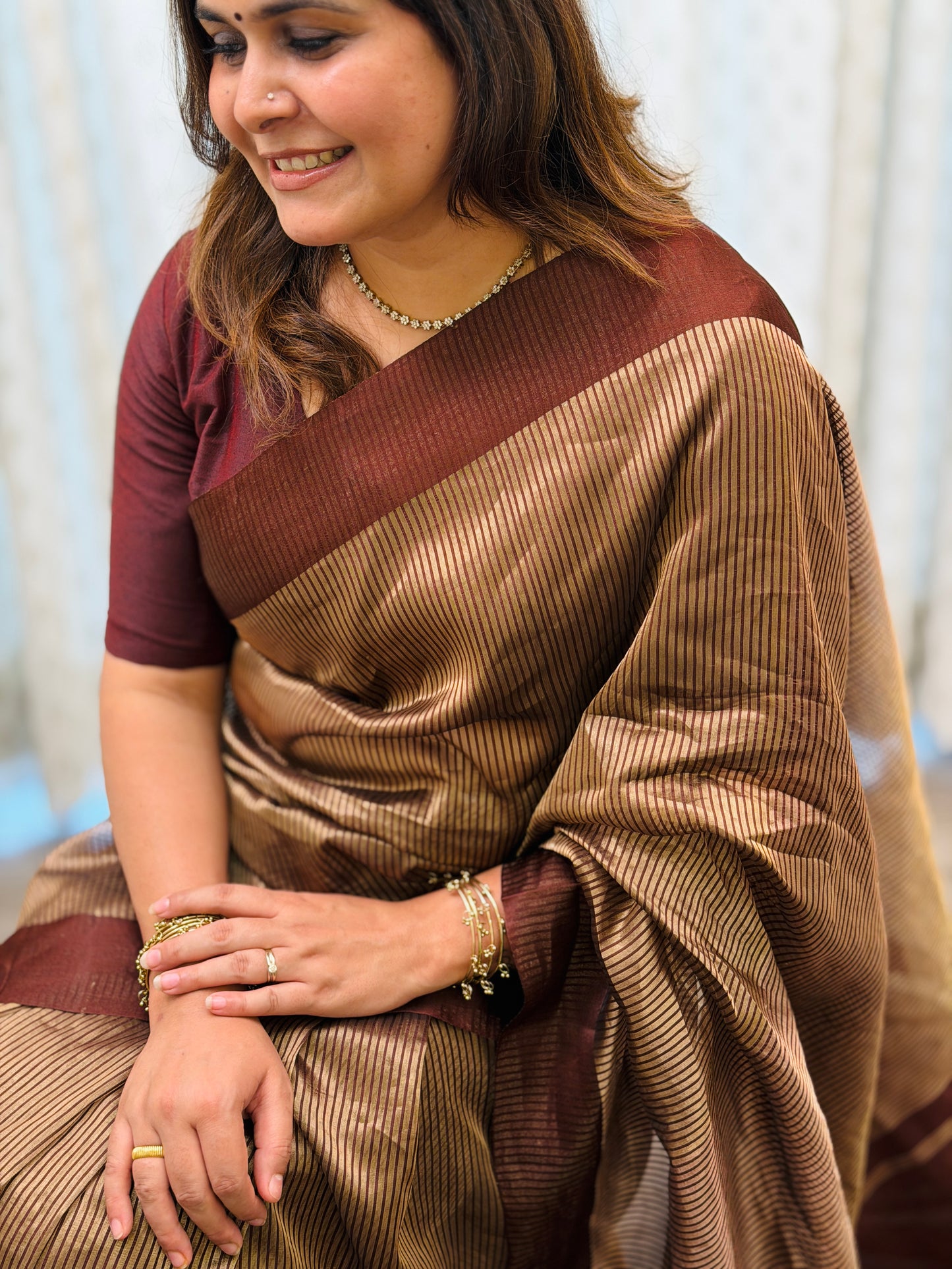 Brown Striped Tissue Silk Saree
