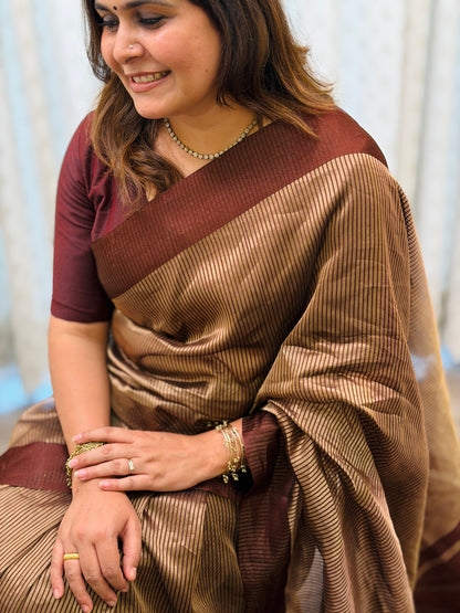 Brown Striped Tissue Silk Saree