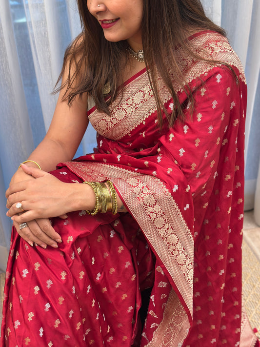 Deep Red Banarasi Katan Silk Saree