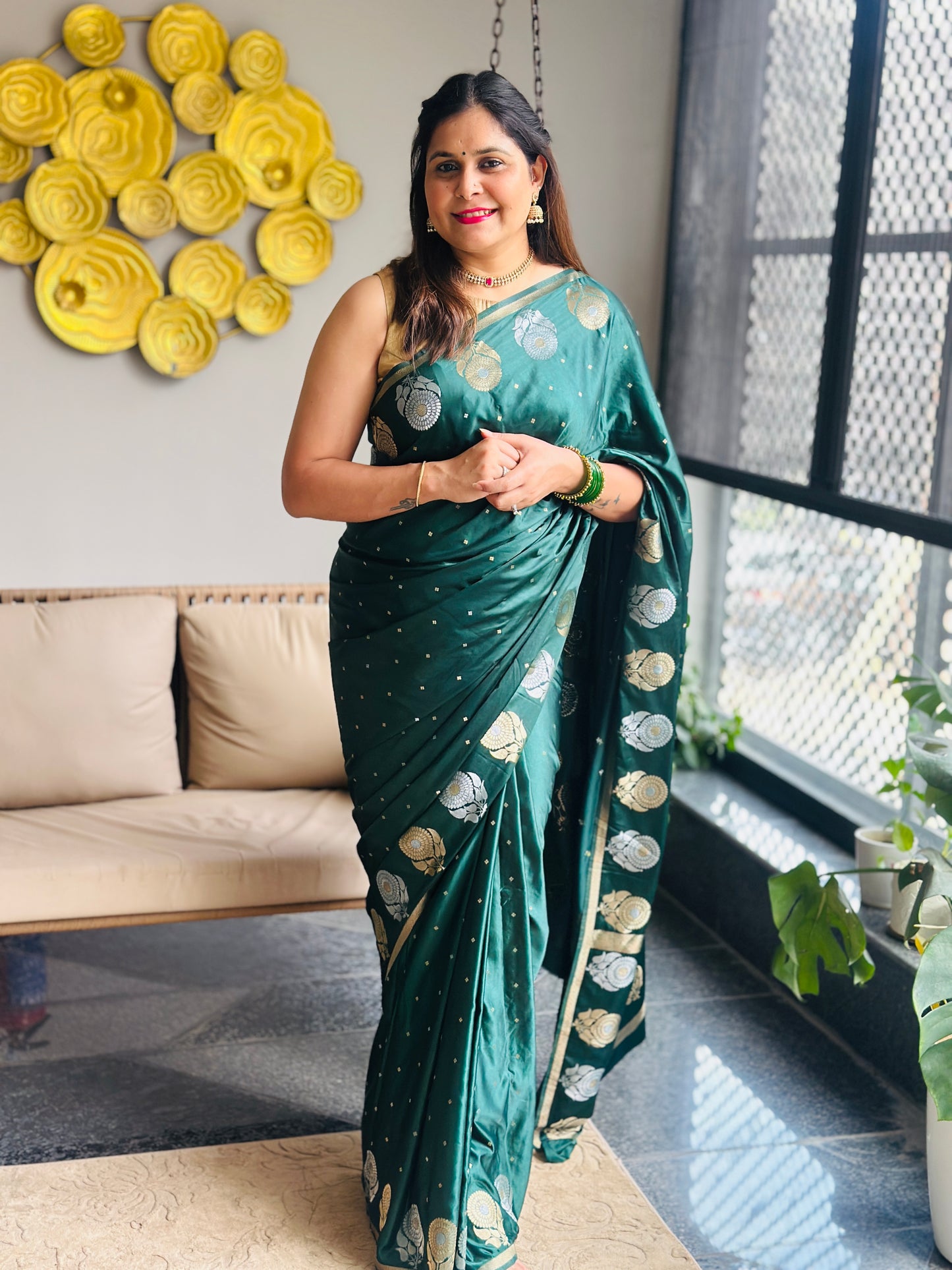 Bottle Green Banarasi Katan Silk Saree