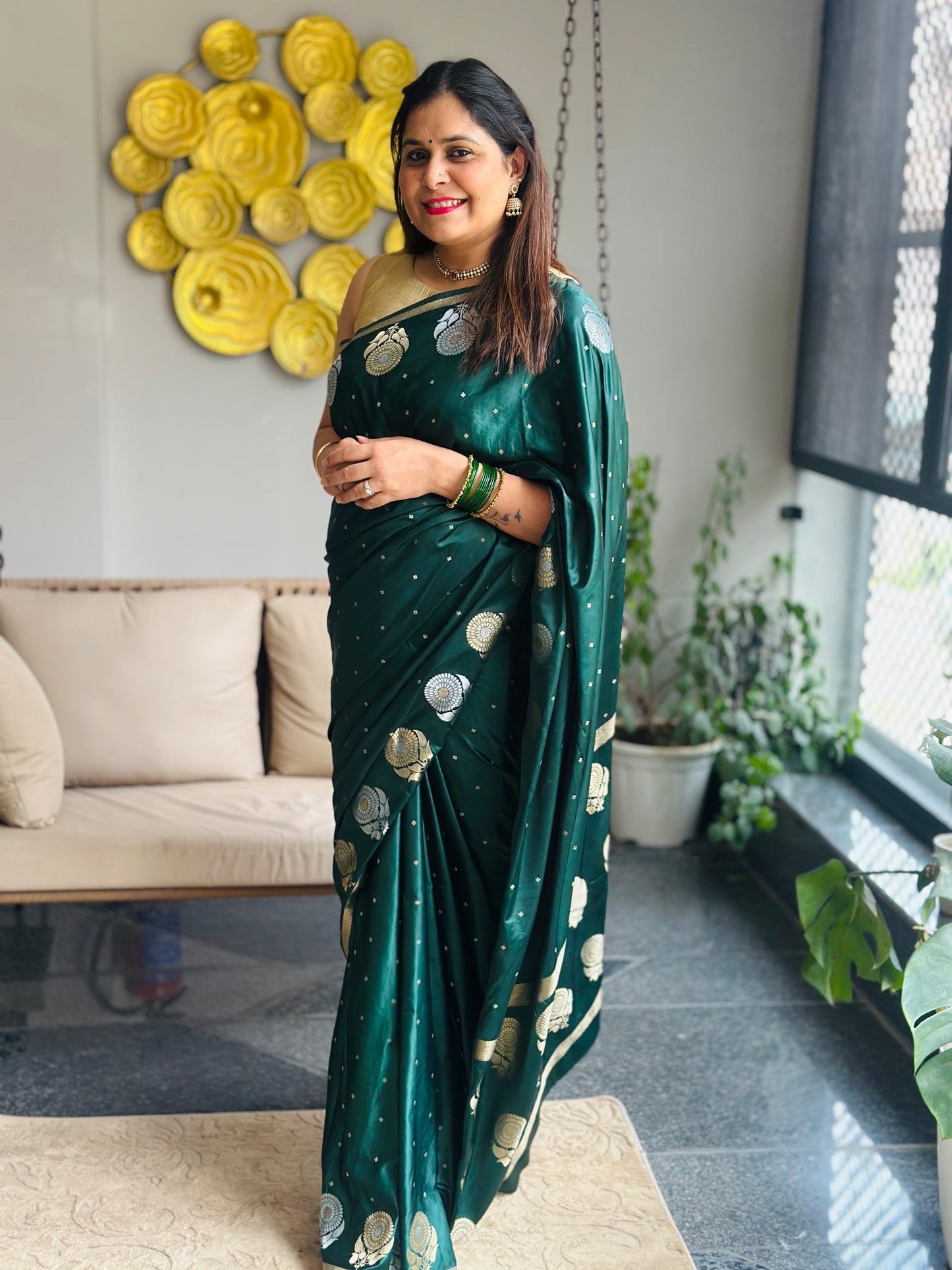 Bottle Green Banarasi Katan Silk Saree