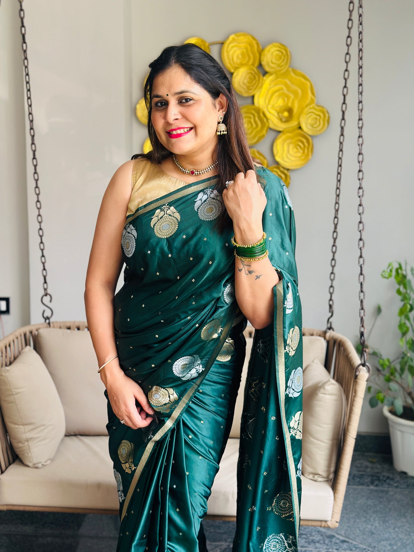Bottle Green Banarasi Katan Silk Saree