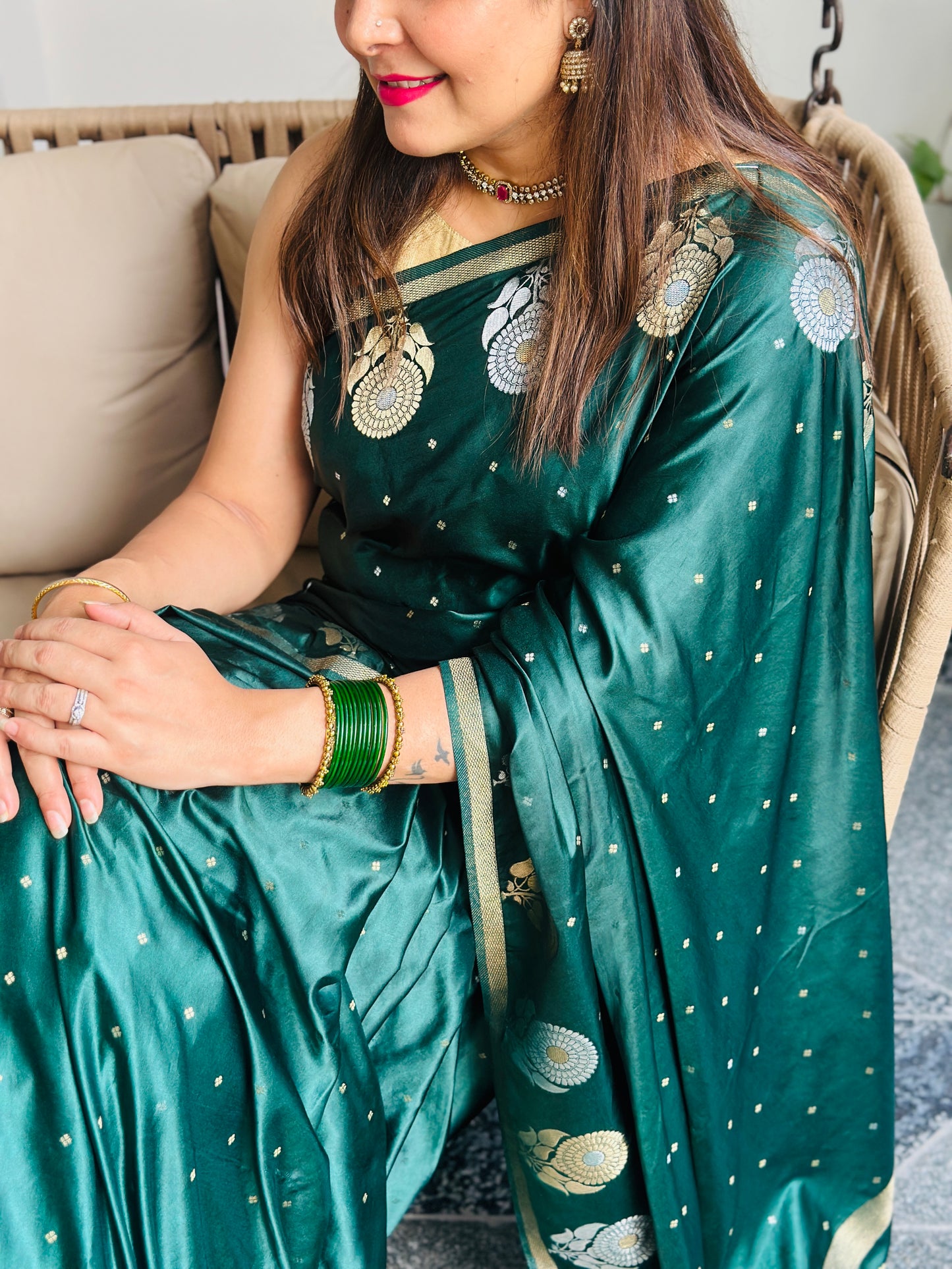 Bottle Green Banarasi Katan Silk Saree