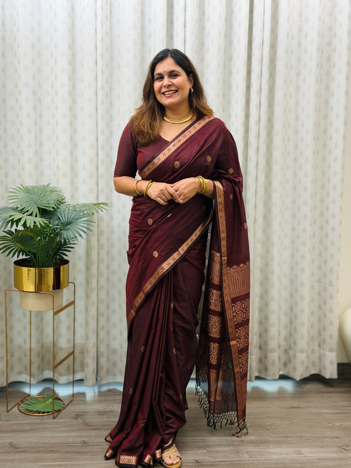 Deep Maroon Mercerised Maheshwari