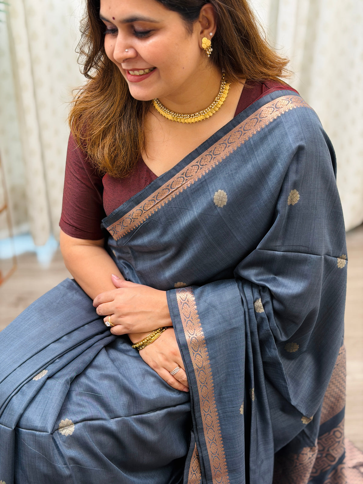 Greyish Blue Mercerised Maheshwari