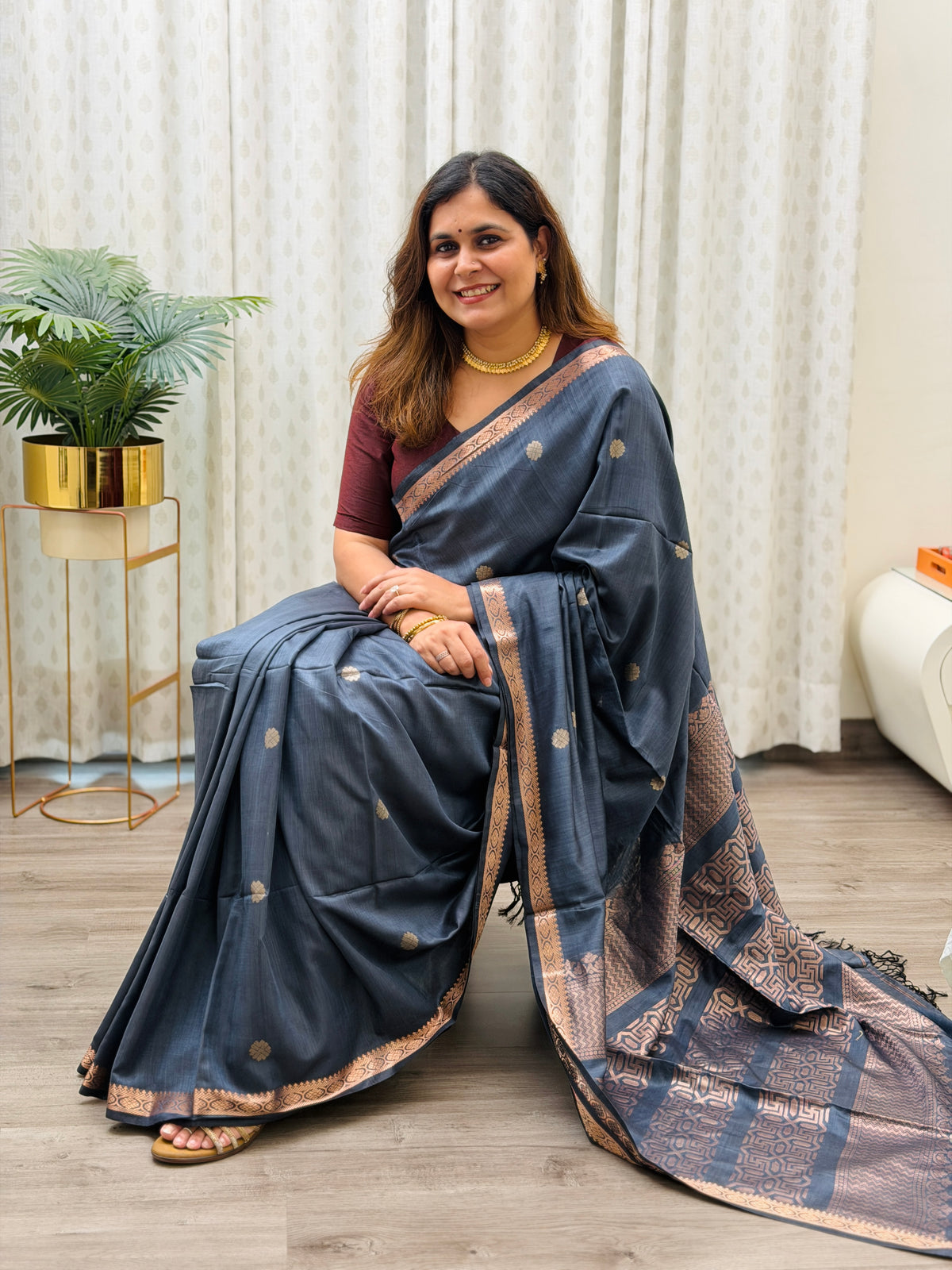 Greyish Blue Mercerised Maheshwari