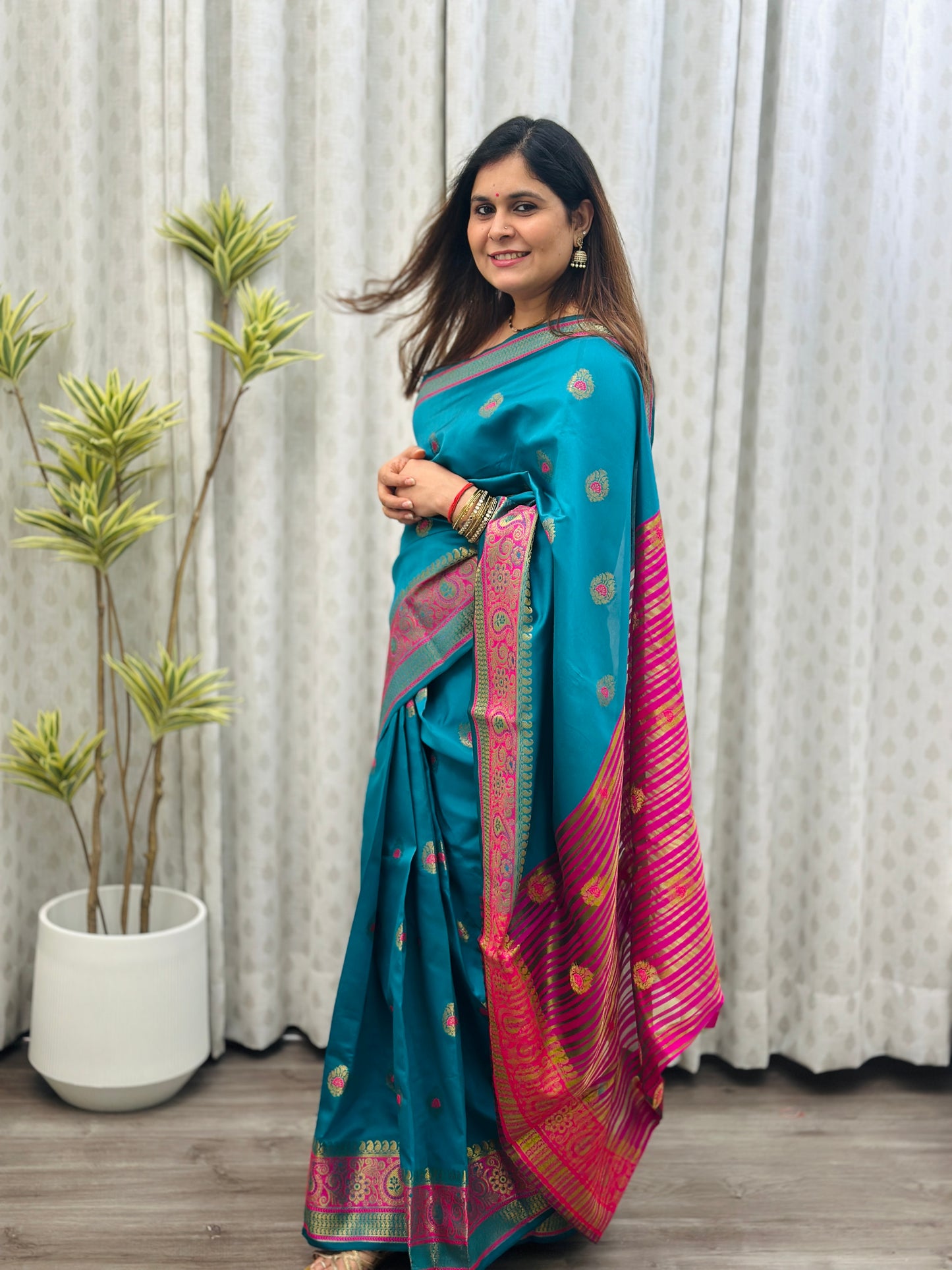Teal blue Banarasi Silk Saree