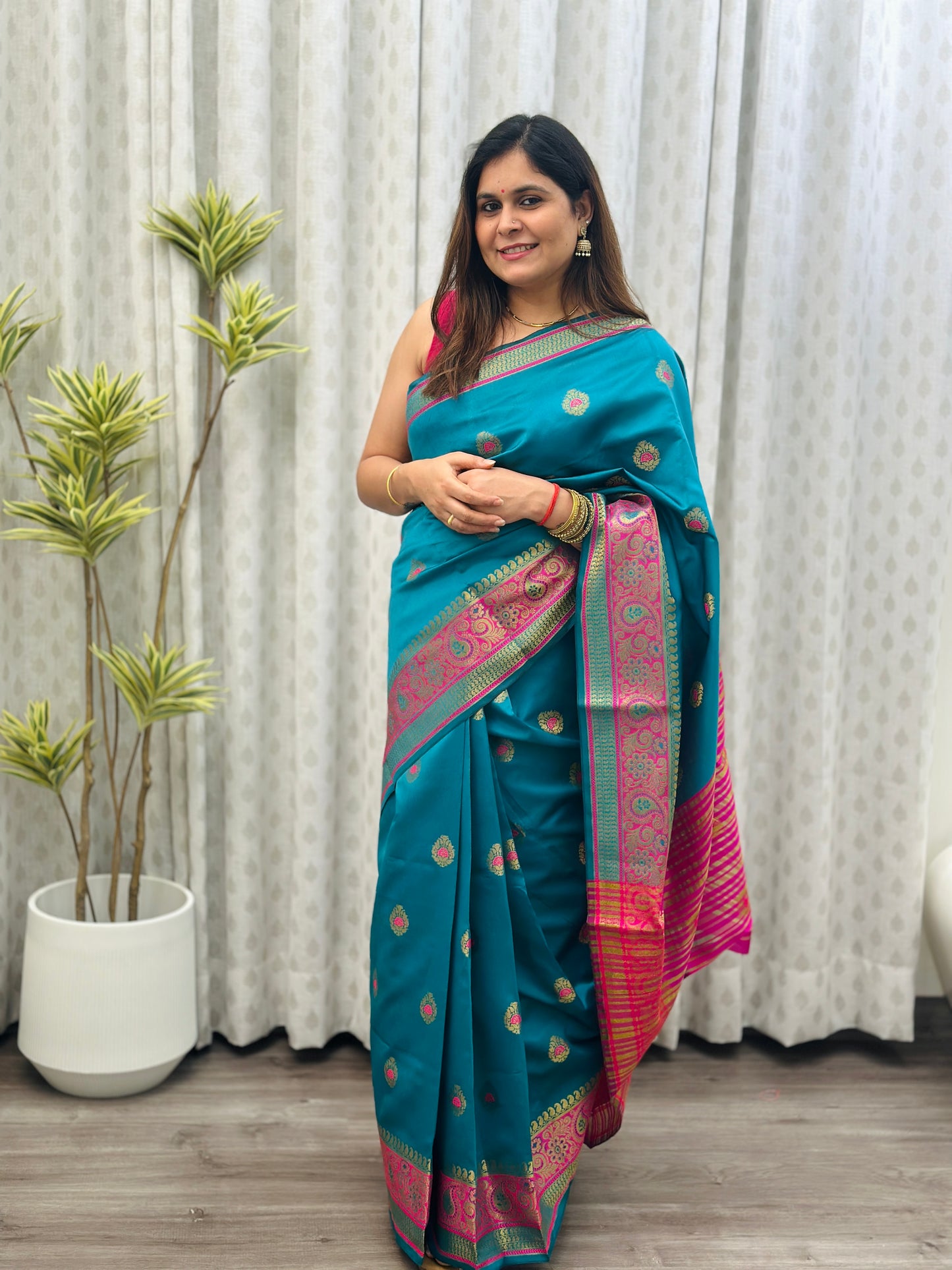 Teal blue Banarasi Silk Saree