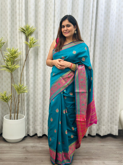 Teal blue Banarasi Silk Saree