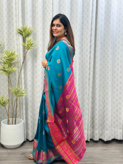 Teal blue Banarasi Silk Saree