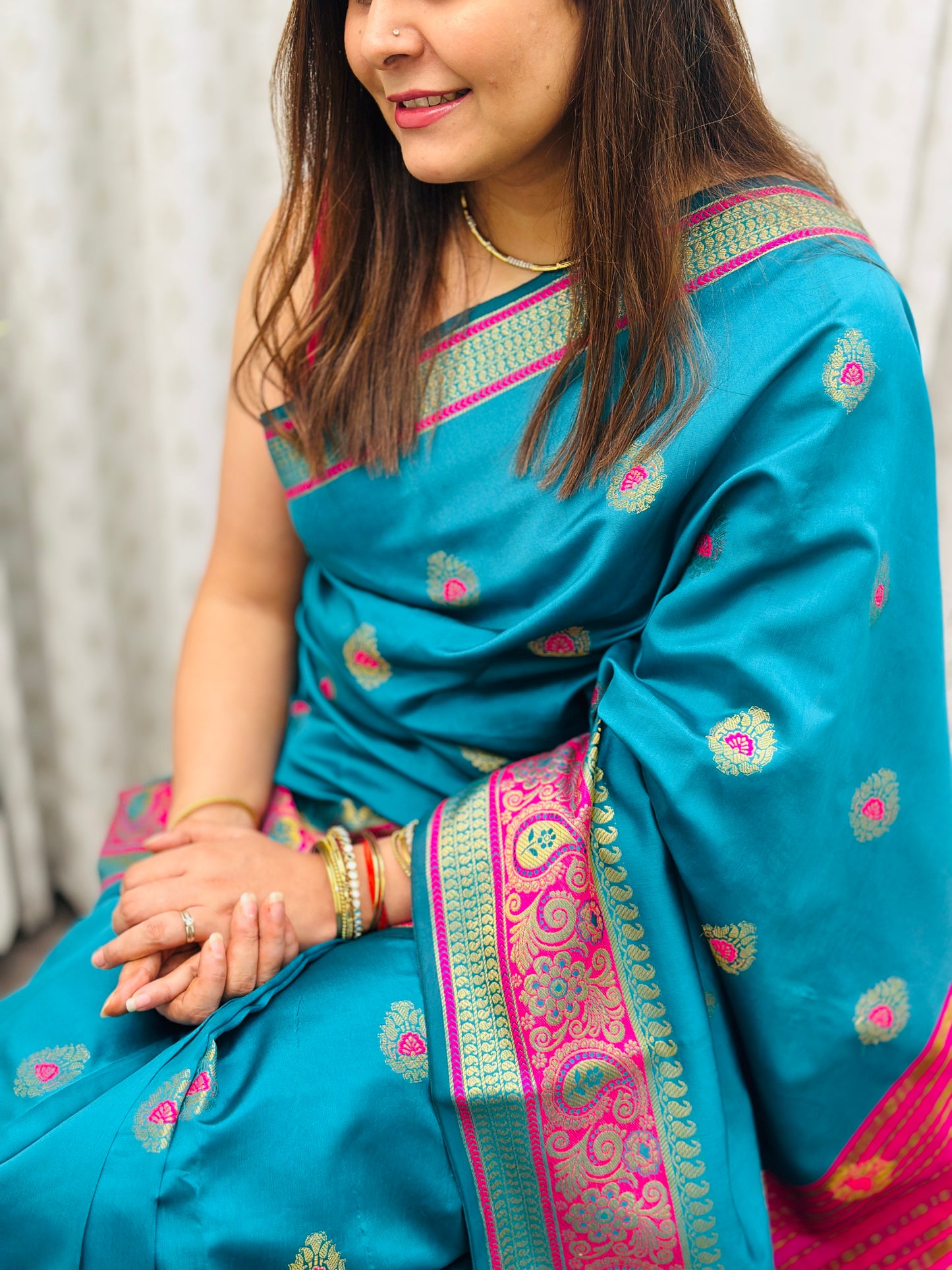 Teal blue Banarasi Silk Saree