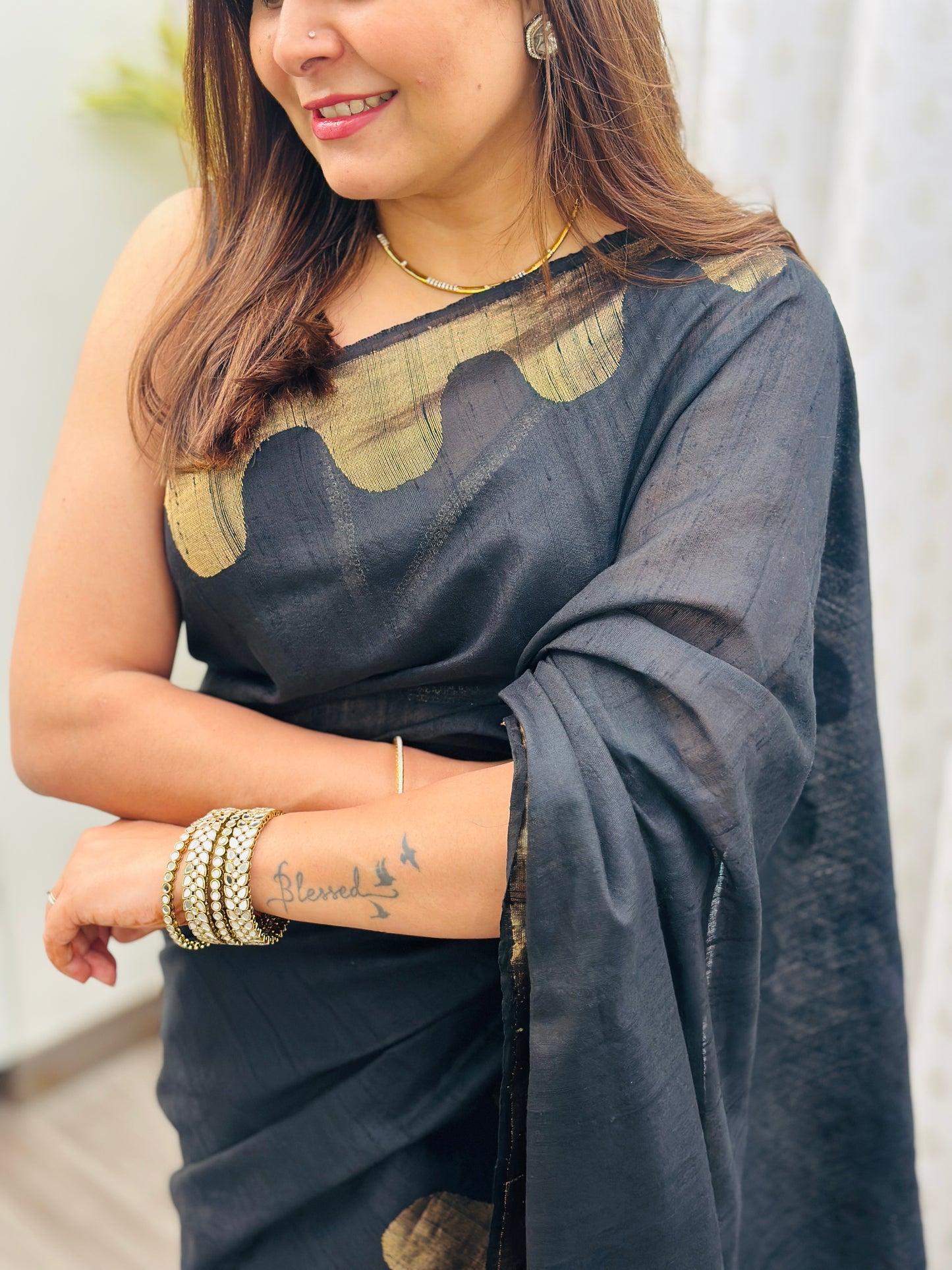 Black Tussar Silk Saree