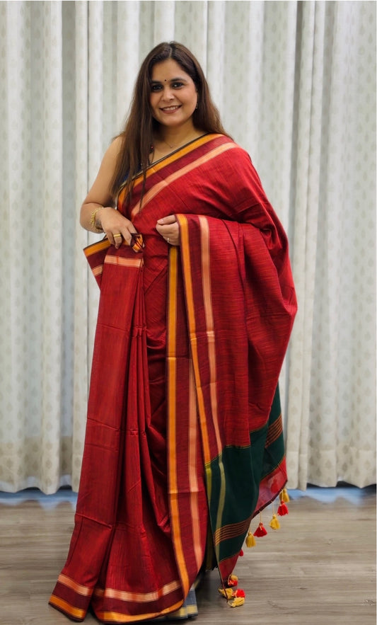 Burnt Orange-Green Acrylic Cotton Saree