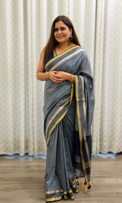 Grey-Navy Blue Acrylic Cotton Saree